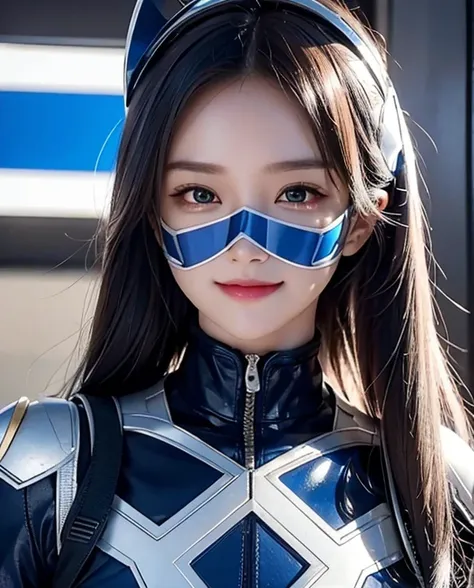 A woman smile, blue ranger suit, as she power rangers blue, leader from power rangers, helmet mask, long hair, high detailed, realistic, gloves, ultra realistic, ((full face helmet)), black shield sunglasses on eyes, smart black sunglasses 