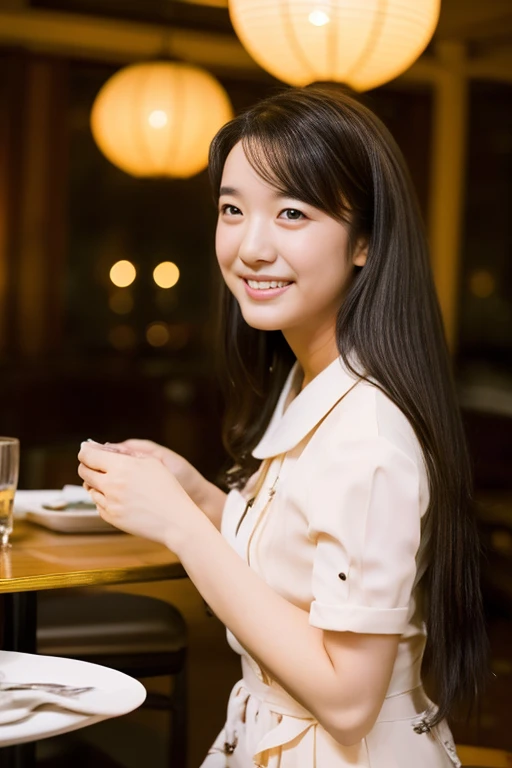 A young Japanese woman with long, wavy black hair is sitting at a restaurant, dining with a friend. She is wearing a light, elegant evening dress, her face glowing with youth and beauty. She smiles warmly, her eyes focused on her dining companion as they e...