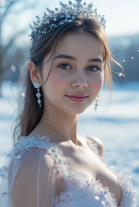 perfect figure beautiful young woman, smile, cleavage, huge breast Layered Hair Style, (Cleric:1.5), Jewelry Decoration, veil, Highly Detailed Face and Skin Textur, double-edged eyelid, long hair, (background snow plains), diamond dust,