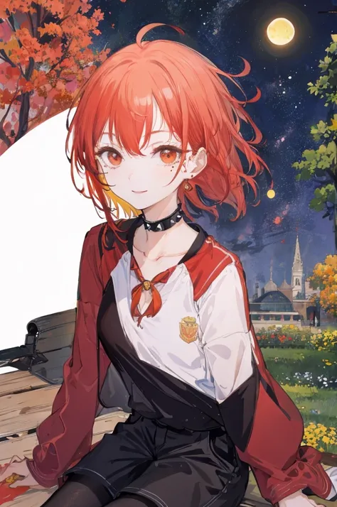 ((Best Quality)), ((masterpiece)), (detailed),Girl sitting on bench,(Multicolor,Orange Hair,Red back hair),Medium long spiked hair,Dark brown eyes,Moon Choker,Petite figure,Slightly large breasts,Red glasses,Mole on the corner of the eye,boyish,Raglan slee...