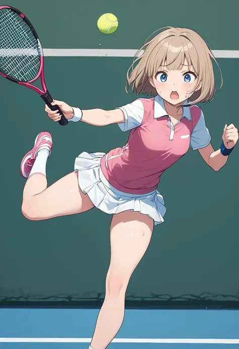 Masterpiece、Ultra-high resolution、8k、Junior high school girl、Small breasts、Small Ass、Slender body、Short Bob、Light brown hair color、Blue Eyes、Tennis Wear、Short skirt、White socks、Pale pink shoes、Fun expression、sweat、One Girl、A chubby middle-aged man、1 racket...