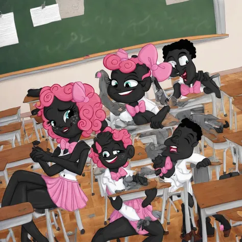 slugs, black skin. pink, scraggly hair, pink bow tie, classroom, hand drawn art, graphic illustration