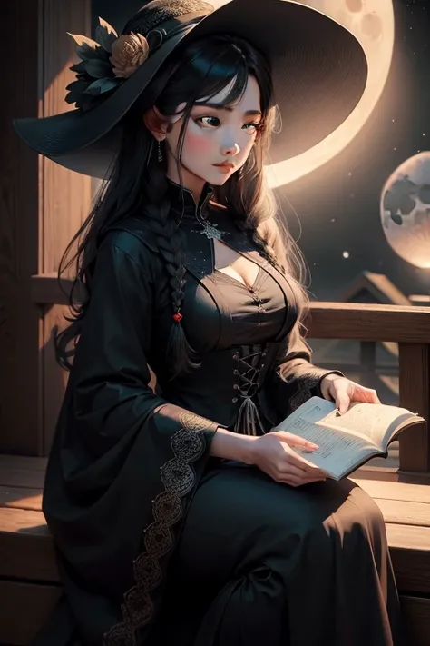 A woman wearing a black dress and hat, like a fortune teller, is holding a book、Gazing at the moon