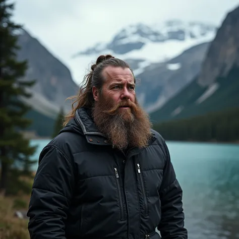 Brown haired man, 40 years old, ((Viking Beard), (((Upper body portrait, happy)), nature, Mountain Lake, (((Cloudy)), ((Late Afternoon)), ((Black Clothing), Pine trees at the foot of the mountain, Cold clothes, Realistic lighting, Realistic shadows, Ultra-...