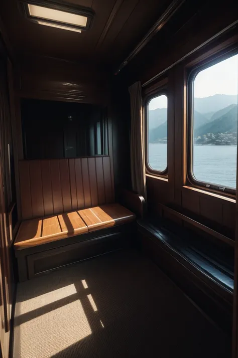 inside the train, the interior lights are off and the passenger compartment is dark., a long, wooden-framed window on the opposi...