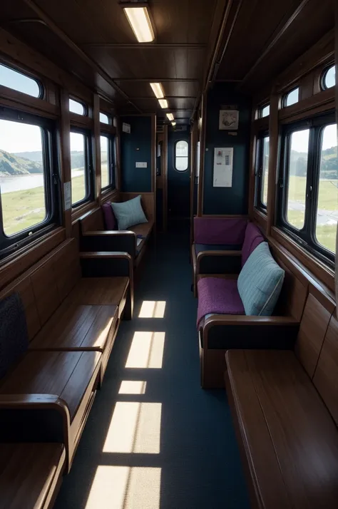 inside the train, the interior lights are off and the passenger compartment is dark., a long, wooden-framed window on the opposi...