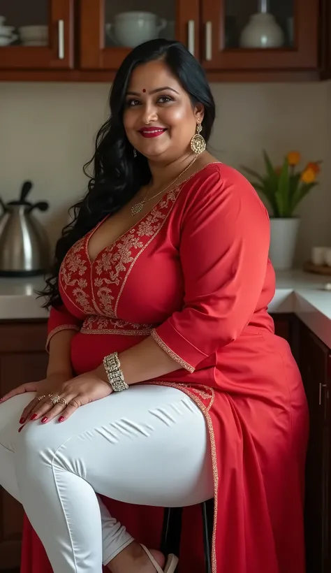 40 year old indian married women looking at the viewer, wearing shiny glossy and reflective finish polyester plus size white silk leggings and red silk kurthi, big Fat ass,wide hips,Big thighs, scooped Big breast, Voluptuous Body,fat wide ass ,messy bun, l...