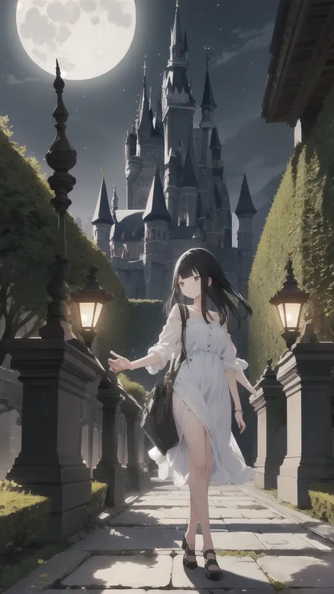 a girl with black hair walking in the castle garden on full moon night