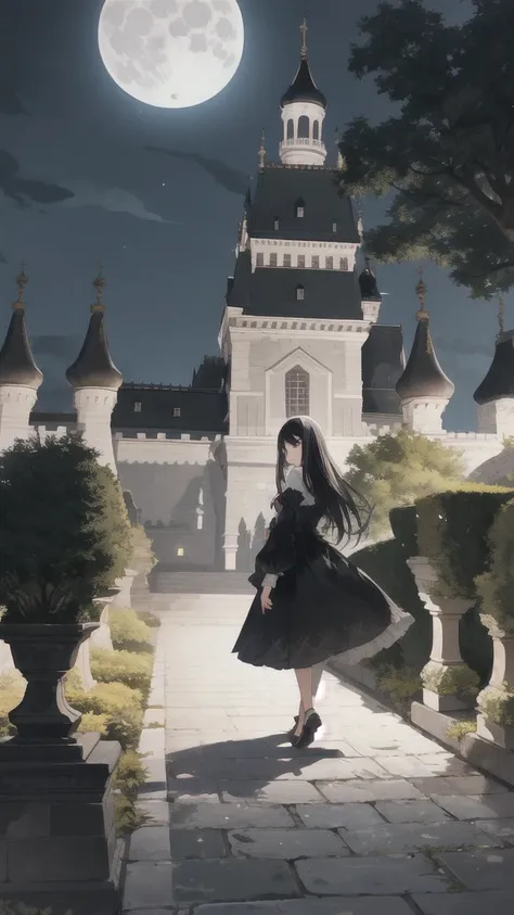 a girl with black hair walking in the castle garden on full moon night