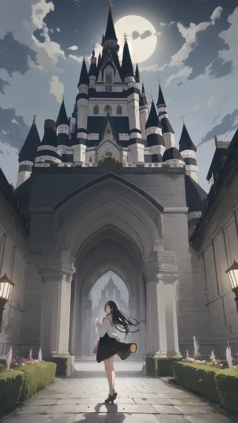 a girl with black hair walking in the castle garden on full moon night