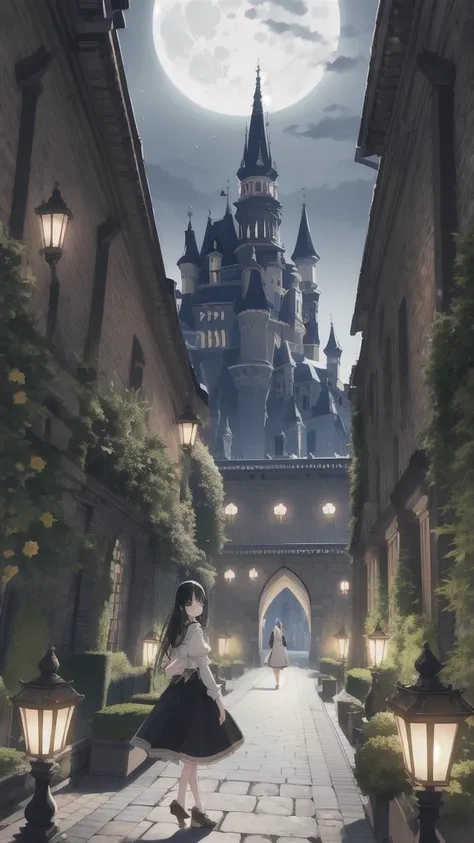 a girl with black hair walking in the castle garden on full moon night