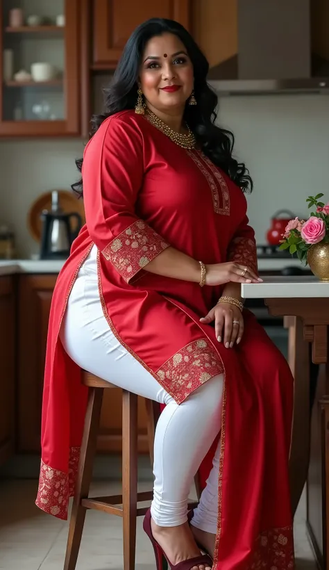 40 year old indian married women looking at the viewer, wearing shiny glossy and reflective finish polyester plus size white silk leggings and red silk kurthi, big Fat ass,wide hips,Big thighs, scooped Big breast, Voluptuous Body,fat wide ass ,messy bun, l...