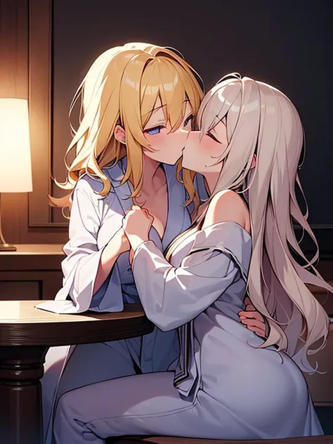 Tabletop, Please redeem,shape, wallpaper, Super detailed, Absurd beauty、(night、Dimly lit room)、((Two beautiful women、))、((({{kissu)))、(blonde、Medium Hair、Wavy Hair)、Very large breasts、Close your eyes、Bathrobes、Release the shoulder、Shyness