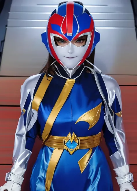 A woman smile, blue ranger suit, as she power rangers blue, leader from power rangers, helmet mask, long hair, high detailed, realistic, gloves, ultra realistic, ((full face helmet)),