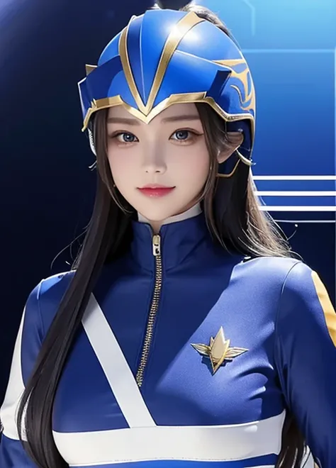 A woman smile, blue ranger suit, as she power rangers blue, helmet mask, long hair, high detailed, realistic, gloves, ultra realistic, ((full face helmet)),