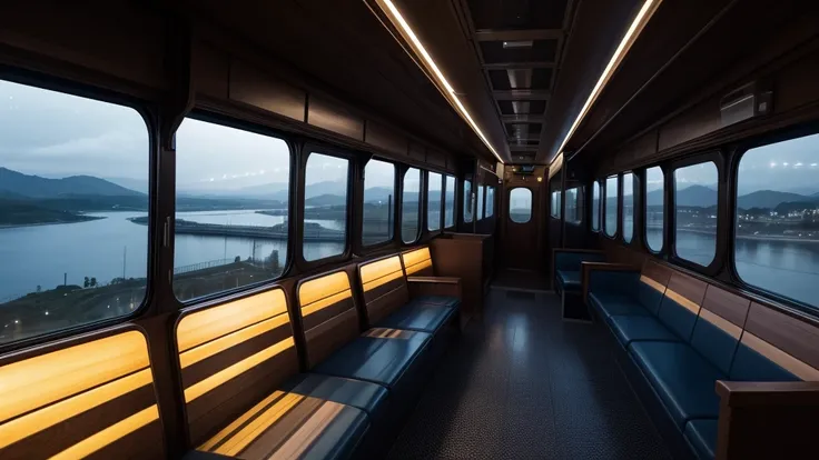 inside the train, the interior lights are off and the passenger compartment is dark., a long, wooden-framed window on the opposi...