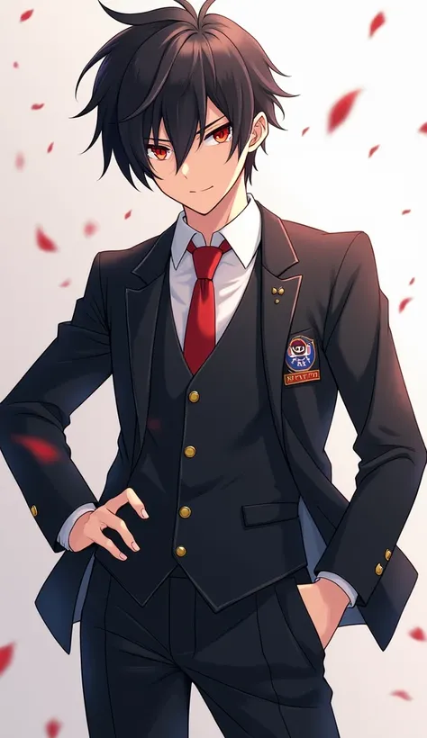 An anime which look like male and have nice red eyes and cool and attitude in eyes , and is in school uniform , show his full body