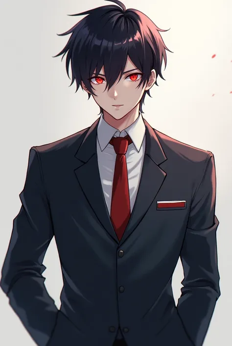 An anime which look like male and have nice red eyes and cool and attitude in eyes , and is in school uniform , show his full body (full body)