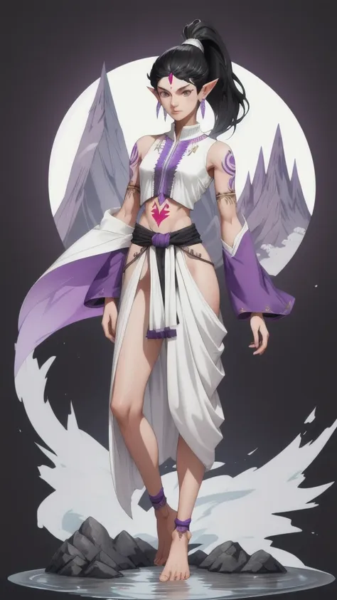 black-haired, short ponytail, gray-white skinned woman with pointed ears，indian clothing，purple full body tattoo，short man，bare ...