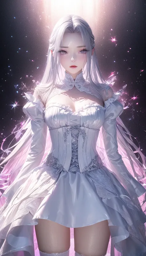 wizard cool beauty, silver glossy silky straight hair, make up, amorous and lewd expression, captivating eyes, wearing white gothic bustier dress, white ruffle sleeves long opera gloves, knee-high socks, perfect proportions, sparkling and starry effects, b...