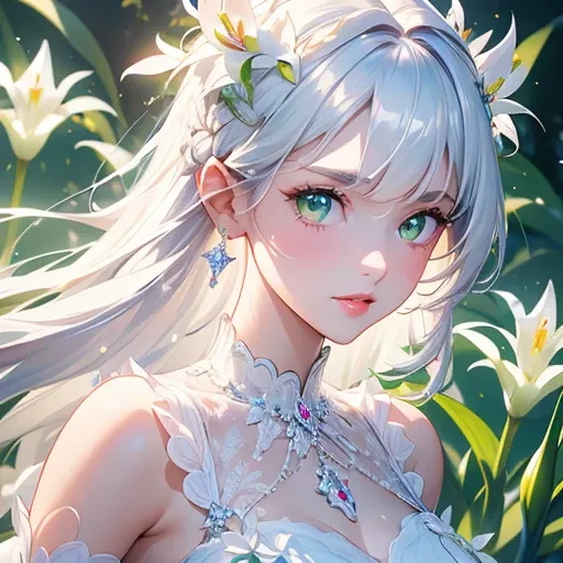 (（masterpiece、high quality、high resolution、detailed、4k、8k）、a beautiful princess with a lily flower motif（beautiful 1 girl、silver...