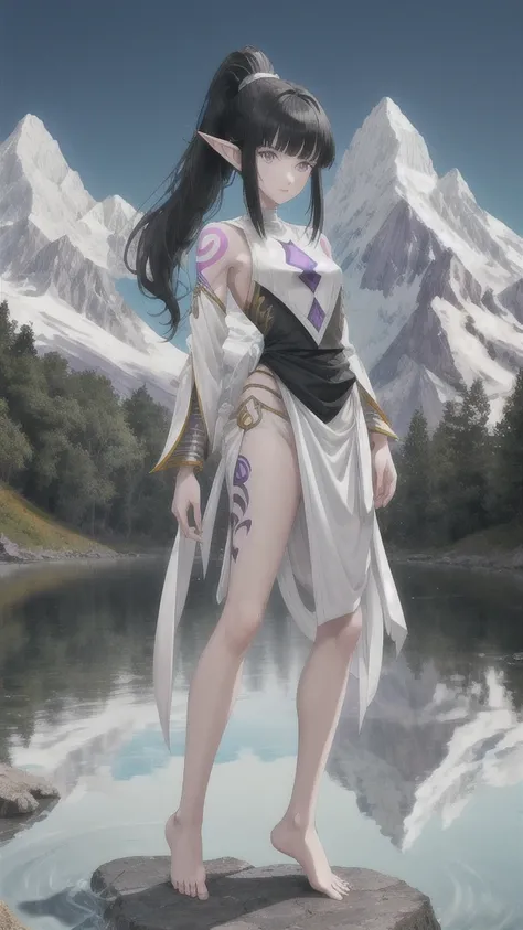 Black-haired, short ponytail, gray-white skinned woman with pointed ears，indian clothing，Purple full body tattoo，short man，Bare arms，Bare waist，slim figure，Bare Legs，barefoot，Standing，Mountain stream