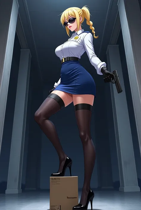 blonde woman,skinny,blue shiny miniskirt,white police shirt,DDD cup breasts ,sunglasses, Left foot raised stepping on a box, anime style,blonde hair tied up,Two braids, Black stockings,short sleeve,Night background,black shiny heeled sneakers,Black gloves,...