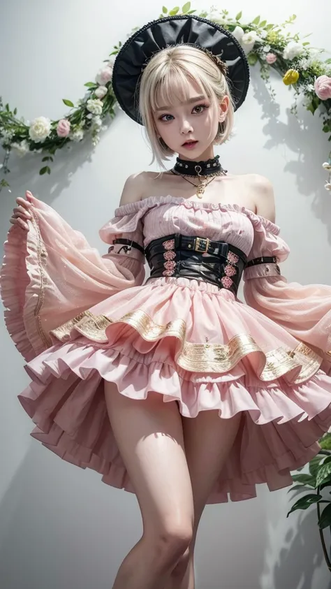 One beautiful girl、round face、Fair and lustrous skin、Her hair is platinum gold short bob.。Big eyes、Droopy eyes。Laugh with your mouth slightly open。The outfit is pink and white with a fine net and floral pattern.、The skirt is made of a lot of thin light gre...