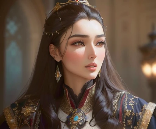 close up of woman with long hair in dress, Kazakh Empress, Young woman as Genghis Khan, The Persian Queen, Persian princess, Mahira Khan in a commercial&master d, arab young monica bellucci, beautiful face!!!!, as a medieval fantasy character, Olivia Culpo...