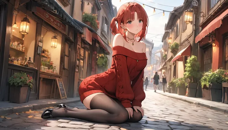 1 women, BREAK bare shoulders, collarbone, dress, long sleeves, off shoulder, off-shoulder dress, off-shoulder sweater, pantyhose, red sweater, sweater, sweater dress, thighs, long legs, big , skinny legs, anime cover, full body, nilou, niloudress, frilled...