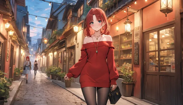 1 women, BREAK bare shoulders, collarbone, dress, long sleeves, off shoulder, off-shoulder dress, off-shoulder sweater, pantyhose, red sweater, sweater, sweater dress, thighs, long legs, big , skinny legs, anime cover, full body, nilou, niloudress, frilled...