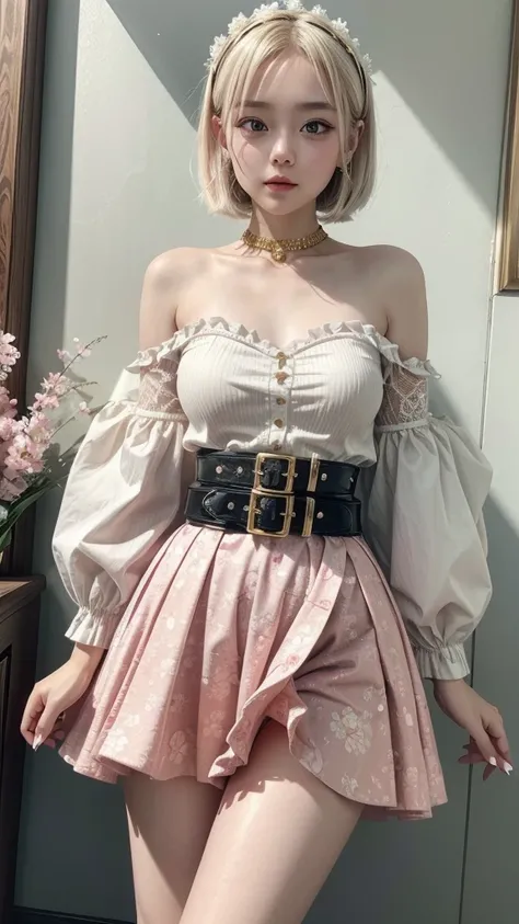 One beautiful girl、round face、Fair and lustrous skin、Her hair is platinum gold short bob.。Big eyes、Droopy eyes。Laugh with your mouth slightly open。The outfit is pink and white with a fine net and floral pattern.、The skirt is made of a lot of thin light gre...