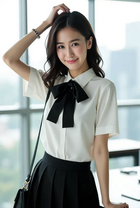 a realistic and stunning photo of an east-asian woman in her mid-twenties standing in a modern office. she has long black hair, ...