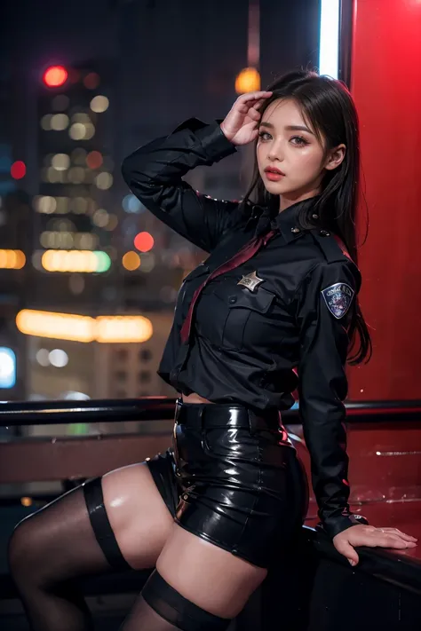 Alone, (Police uniform, Female police officer), stockings, City lights, (Look at the audience: 1.3), Release your lips, Red lips, Shiny skin, Skin dents, Best Quality, Ultra-high resolution, (realism: 1.4),Putting your fingers in someone else&#39;s mouth, ...