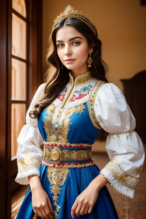 "A young girl stands in exaggerated but realistic old Turkish clothes. Her dress is in a classic style with a wide skirt, adorned with vibrant colors and detailed embroidery. The girl has a thin belt at the waist, and the sleeves of her dress are wide, dec...