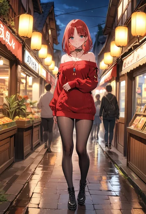 1 women, BREAK bare shoulders, collarbone, dress, long sleeves, off shoulder, off-shoulder dress, off-shoulder sweater, pantyhose, red sweater, sweater, sweater dress, thighs, long legs, big , skinny legs, anime cover, full body, nilou, niloudress, frilled...