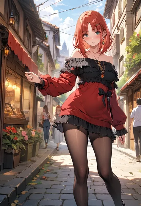 1 women, BREAK bare shoulders, collarbone, dress, long sleeves, off shoulder, off-shoulder dress, off-shoulder sweater, pantyhose, red sweater, sweater, sweater dress, thighs, long legs, big , skinny legs, anime cover, full body, nilou, niloudress, frilled...