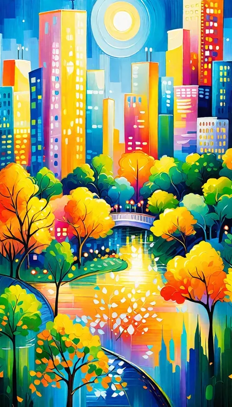 painting of a cityscape with a river and trees in the foreground, colorful city, colorful trees, day cityscape, spring season ci...