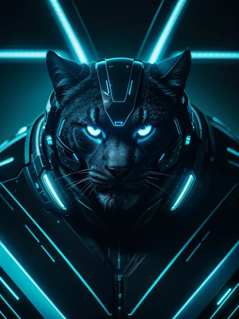 a big cat, tron world, neon lights, cyberpunk, futuristic landscape, glowing grid, electric blue, dramatic lighting, mechanical details, highly detailed, 4k, photorealistic, octane render, volumetric lighting, cinematic composition, dramatic pose, fierce e...