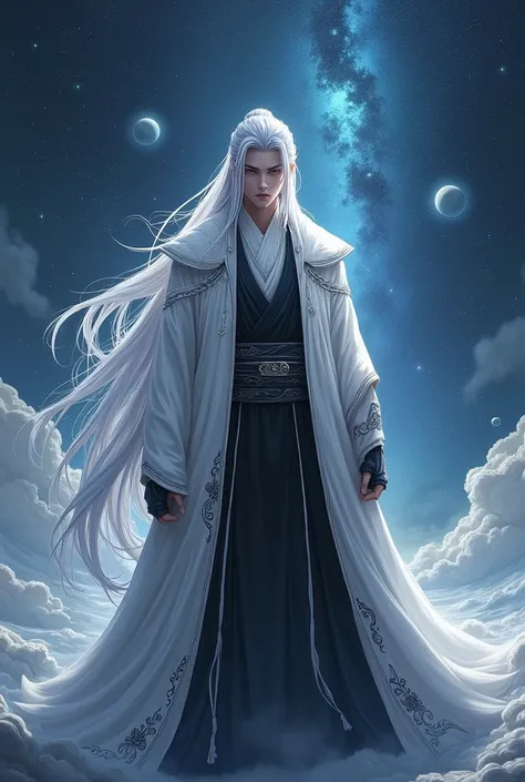 Backview of handsome Xianxia protagonist, use white and black dominant robe,long silver hair,and facing background of infinite planet on outer space 