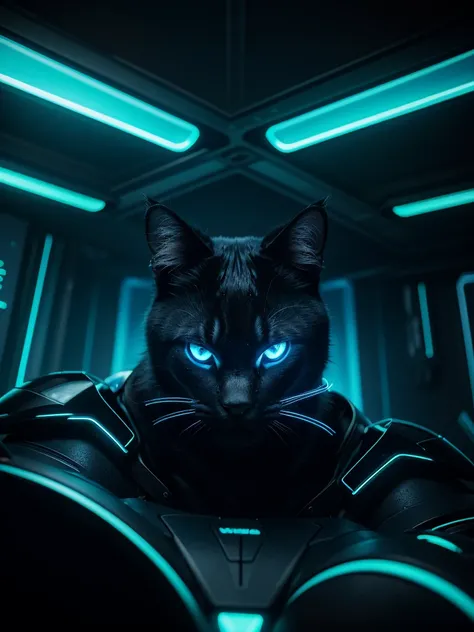 a big black cat, tron world, neon lights, cyberpunk, futuristic landscape, glowing grid, electric blue, dramatic lighting, mechanical details, highly detailed, 4k, photorealistic, octane render, volumetric lighting, cinematic composition, dramatic pose, fi...