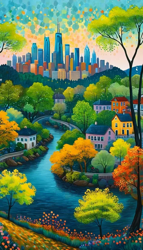 painting of a cityscape with a river and trees in the foreground, colorful city, colorful trees, day cityscape, spring season city, city of pristine colors, city scape, forest setting with skyscrapers, beautiful cityscape, city landscape, city lights made ...