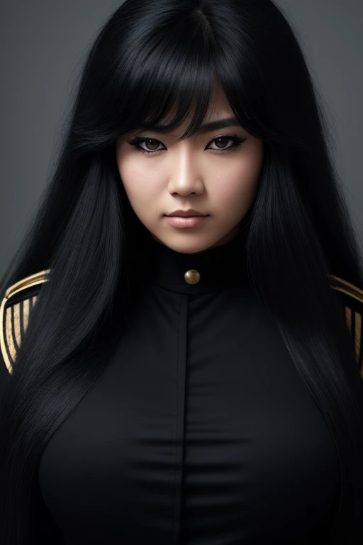 most very jet black hair , very long hair, very wolf hair, thick hair,fluffy hair,most very heavy-weight hairstyle,most very stiff hair,most very voluminous hair,female jail officer,black uniform,black pants,1 Japanese woman,most very angry face,strict wom...