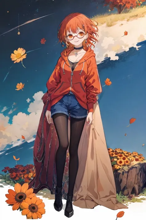 ((Best Quality)), ((masterpiece)), (detailed),Full body shot of a girl walking,(Multicolor,Orange Hair,Red back hair),Medium long spiked hair,Dark brown eyes,Fuller lips,Makeup,Earrings,Choker,smile,Petite figure,Slightly large breasts,Red glasses,Mole on ...