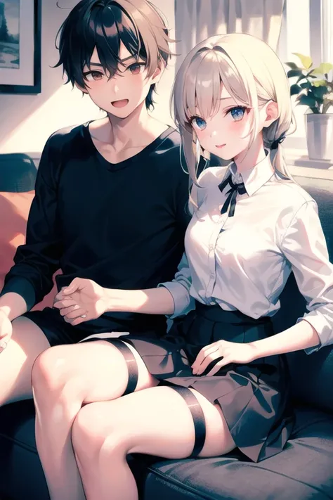 a boy and girl sitting in a living room, wearing a white sleeve shirt and black garter, beautiful+cute, soft