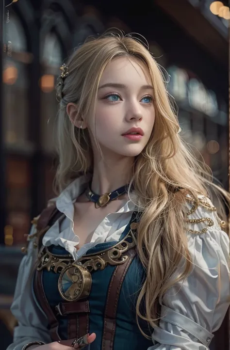 Highly detailed portrait of a beautiful young woman with striking blue eyes, Long blonde hair, Slim figure, He is walking around in an antique steampunk outfit with bare shoulders..., Set in a dark old central station, (Best Quality, 4K, 8k, High resolutio...