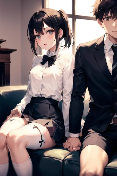 a boy and girl sitting in a living room, wearing a white sleeve shirt and black sock garter, beautiful+cute, soft