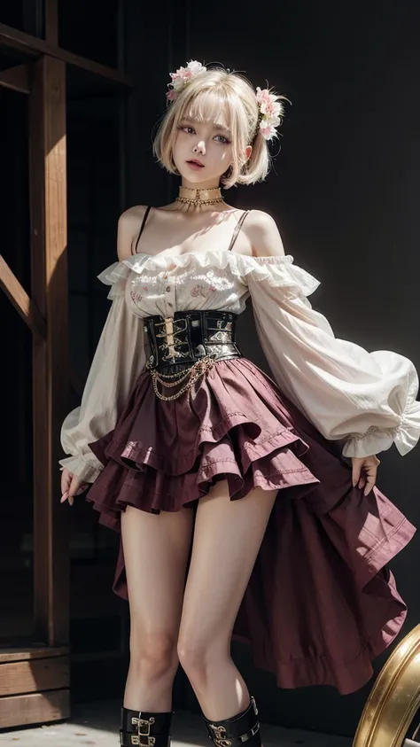 One beautiful girl、round face、Fair and lustrous skin、Her hair is platinum gold short bob.。Big eyes、Droopy eyes。Laugh with your mouth slightly open。The outfit is pink and white with a fine net and floral pattern.、The skirt is made of a lot of thin light gre...