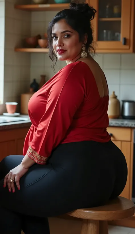 40 year old married indian women looking at the viewer, wearing blackleggings red silk kurthi, big Fat ass,wide hips,Big thighs, scooped Big breast, Voluptuous Body,fat wide ass ,messy bun, lipstic, smiling face,strap high heels, Jewellery, sitting on a sm...