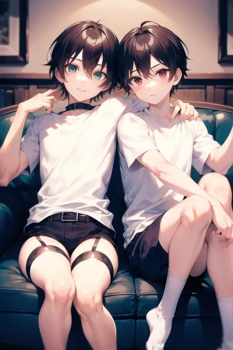 two boys sitting in a living room, wearing a white sleeve shirt and black garter, beautiful+cute, soft